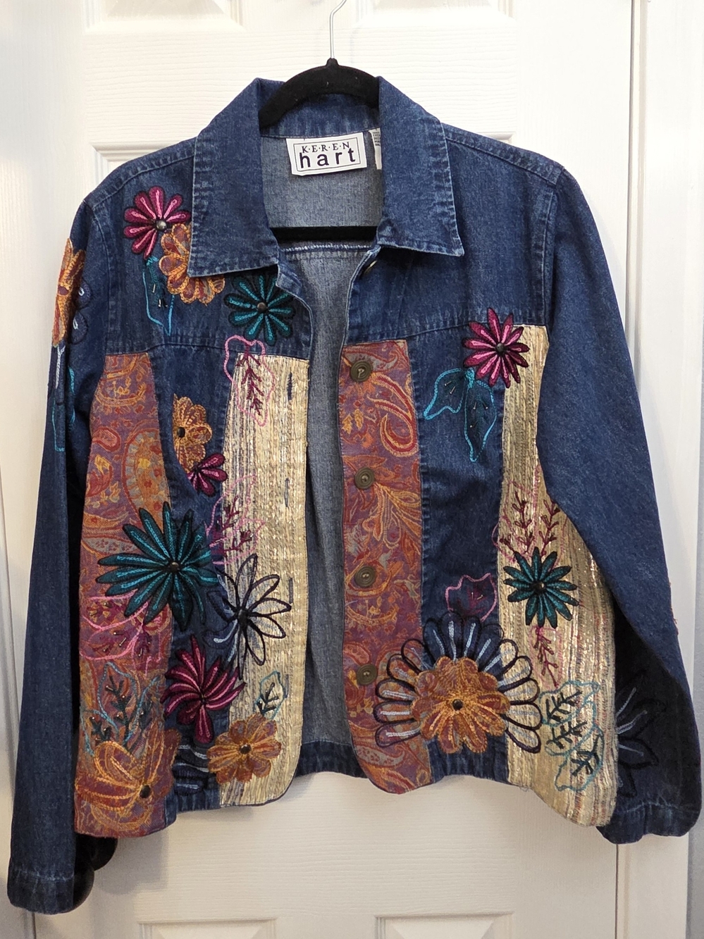 Keren Hart Embroidered Denim Jacket Medium Patchwork Floral Beaded Jean Jacket